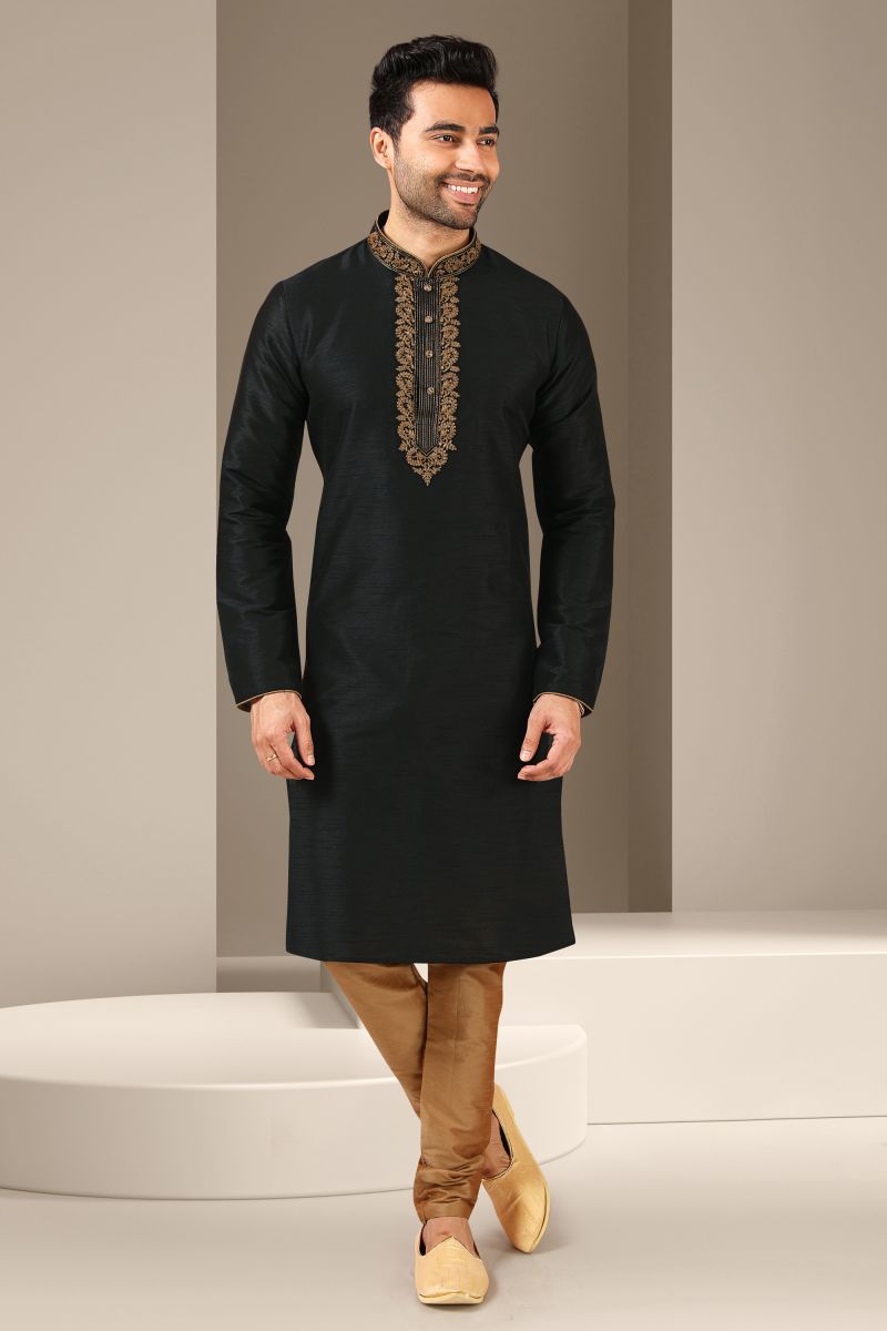 Banarasi Art Silk Function Wear Readymade Black Color Kurta Pyjama For Men