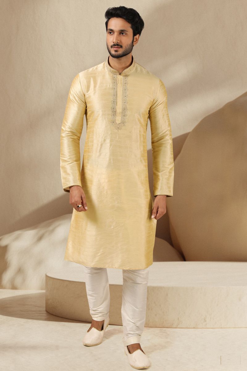 Festive Wear Readymade Kurta Pyjama For Men In Beige Banarasi Art Silk Fabric