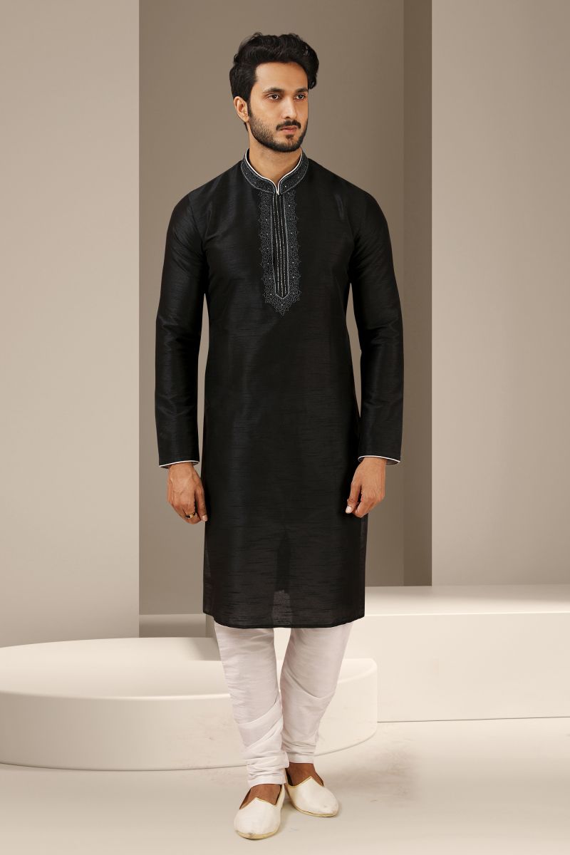 Black Color Banarasi Art Silk Function Wear Fancy Readymade Kurta Pyjama For Men