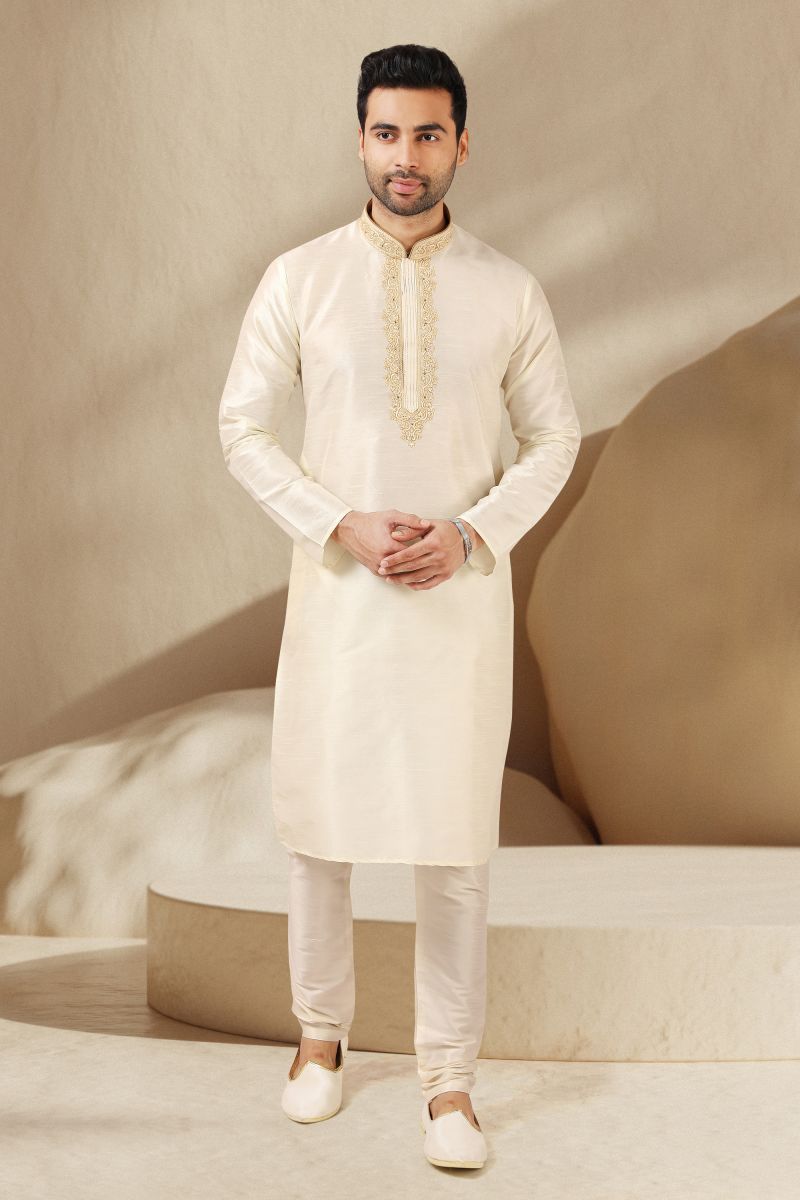 Banarasi Art Silk Cream Color Festive Wear Trendy Readymade Men Kurta Pyjama