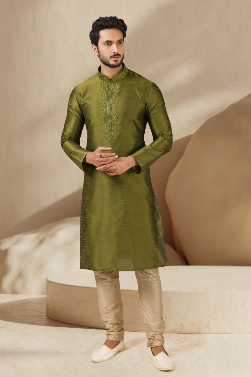 Green Color Sangeet Wear Banarasi Art Silk Designer Readymade Kurta Pyjama For Men