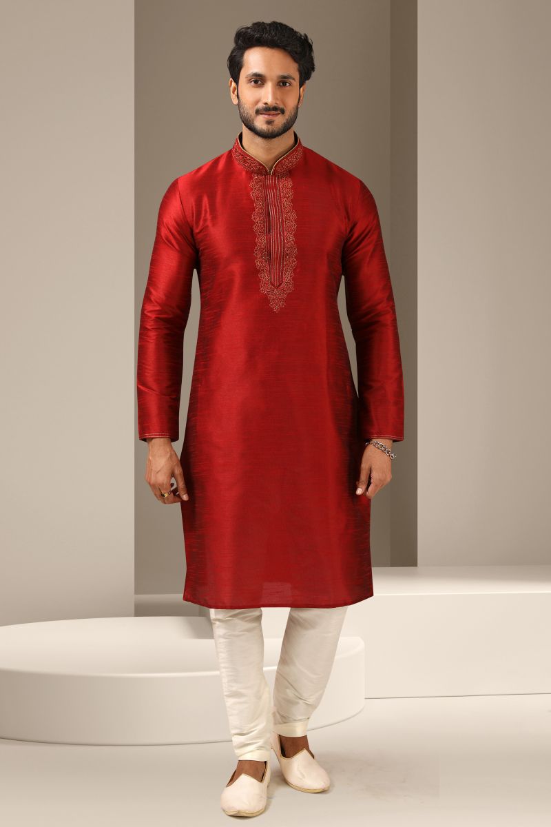 Red Color Banarasi Art Silk Function Wear Readymade Kurta Pyjama For Men