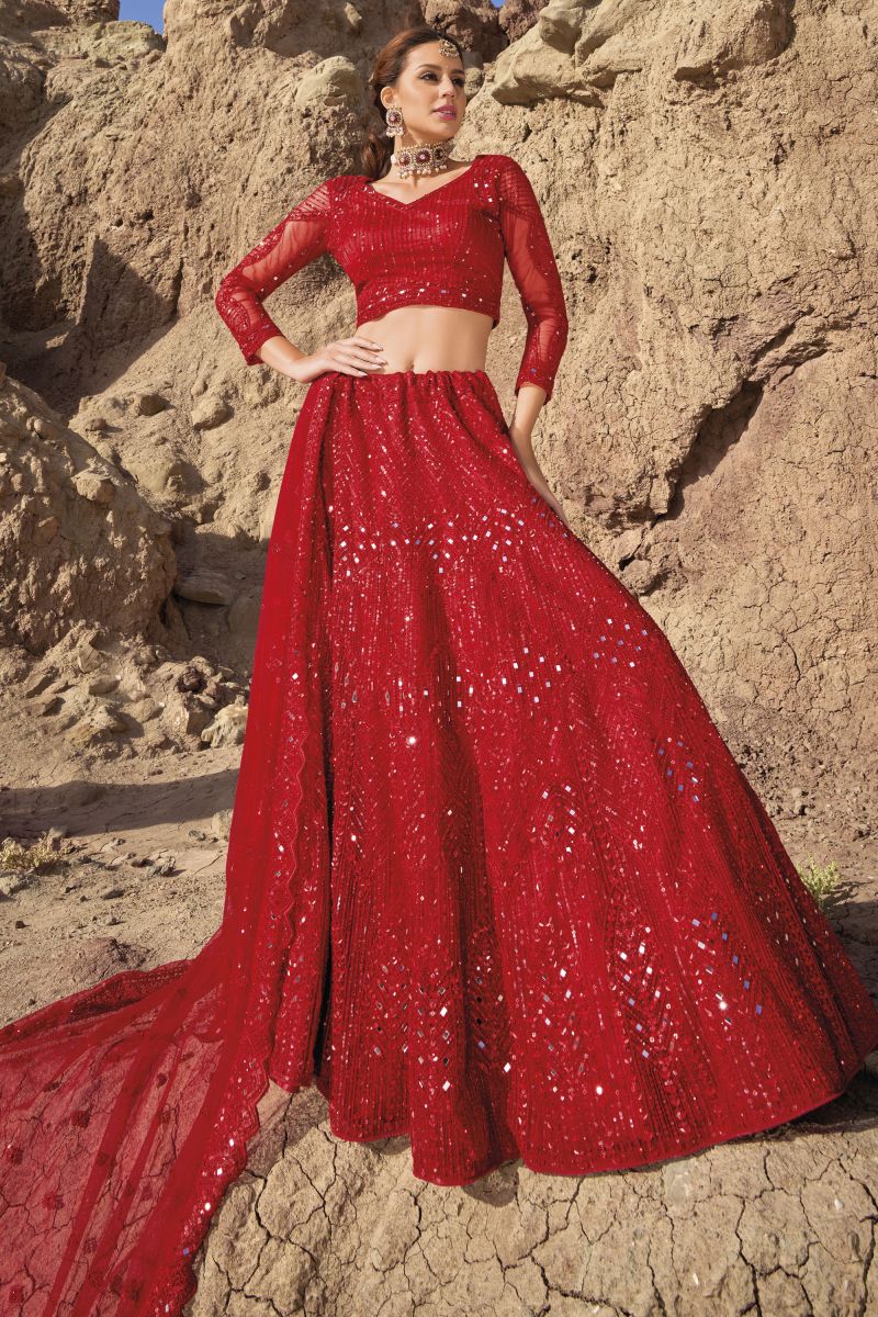 Red Net Fancy Work Designer Bridal Lehenga Choli