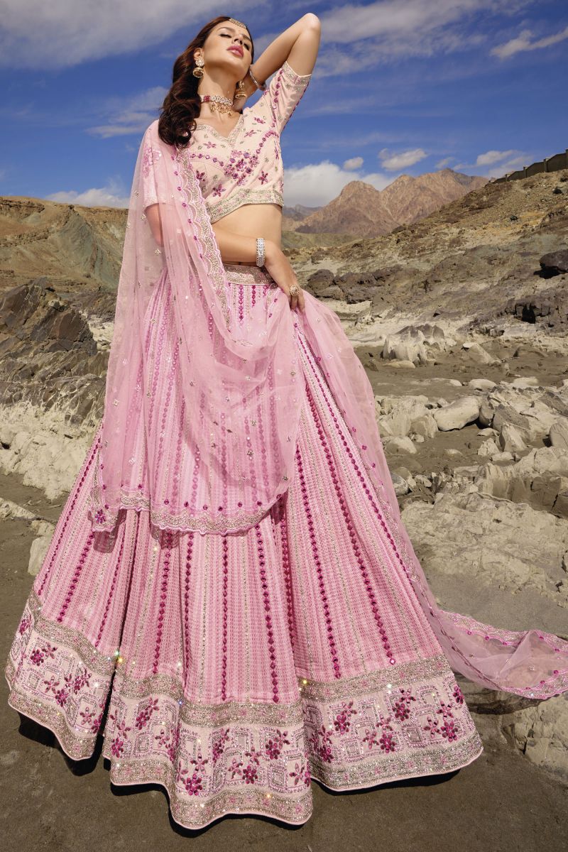 Fancy Work Pink Bridal Lehenga In Georgette With Designer Choli