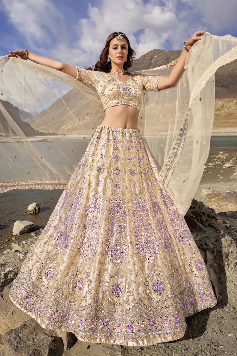 Beige Net Bridal Lehenga Choli With Fancy Work