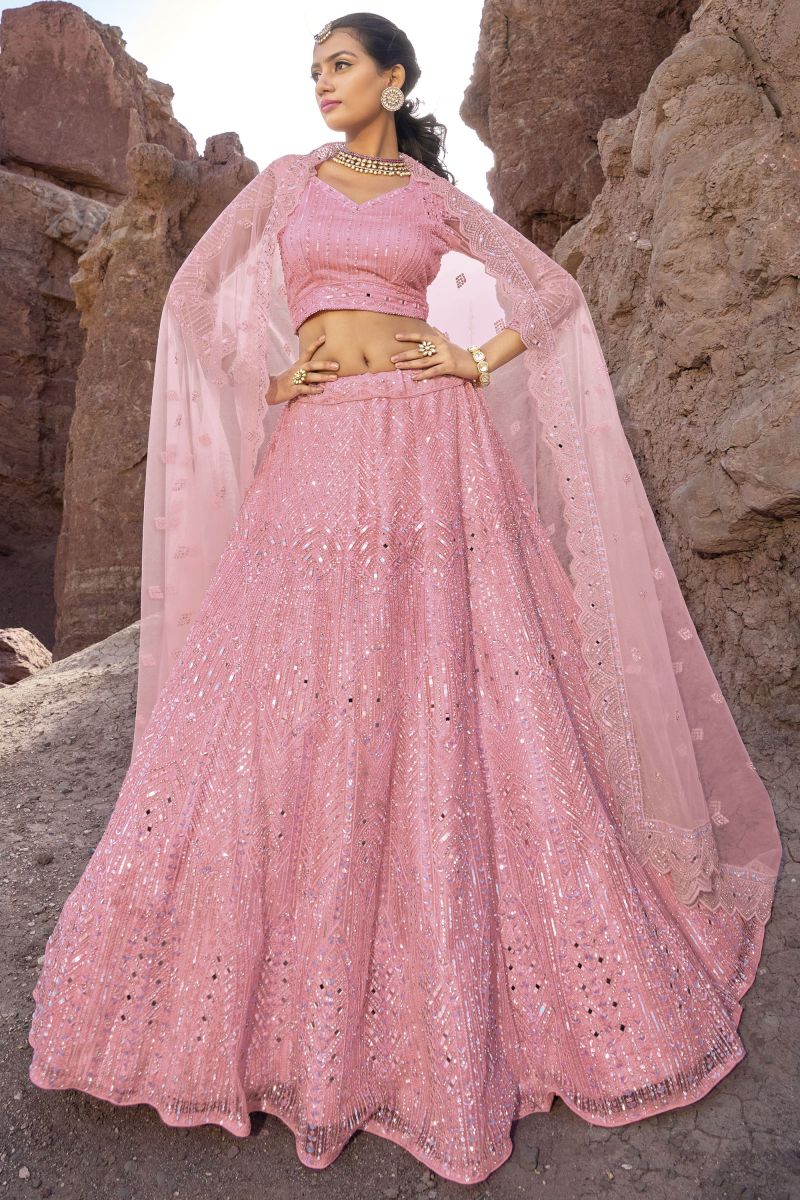 Net Pink Wedding Wear 3 Piece Lehenga Choli With Fancy Work