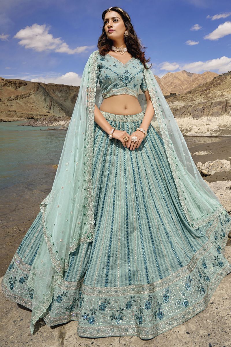 Sea Green Designer Bridal Lehenga Choli With Fancy Work Georgette Fabric