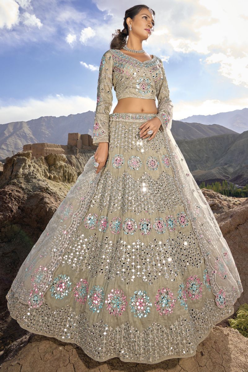 Fancy Work Wedding Wear Lehenga Choli In Beige Organza Fabric