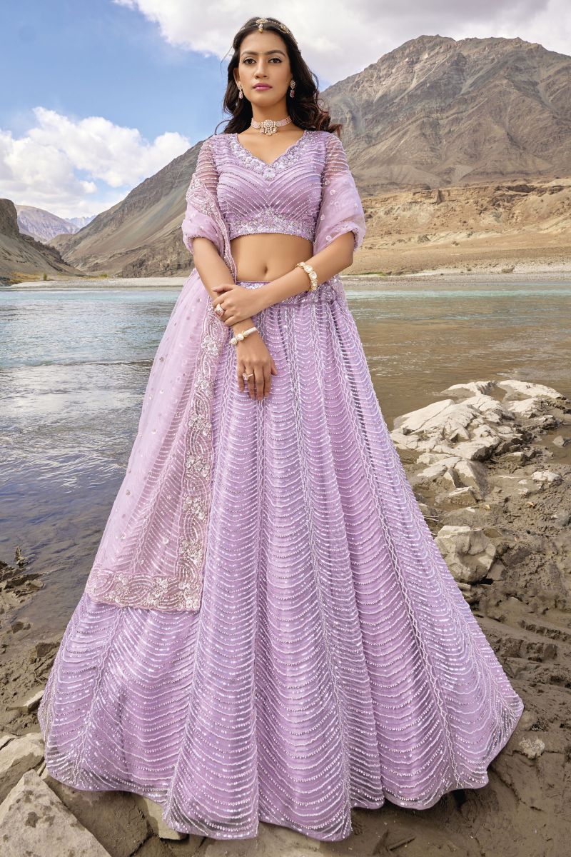 Fancy Work Net Designer Lehenga Choli In Pink Color