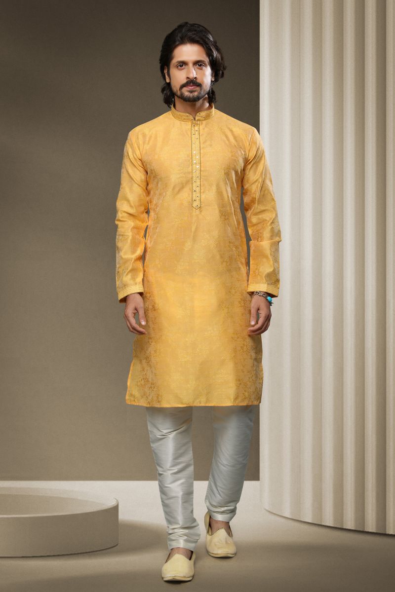 Yellow Color Engaging Jacquard Silk Festive Wear Readymade Kurta Pyjama For Men