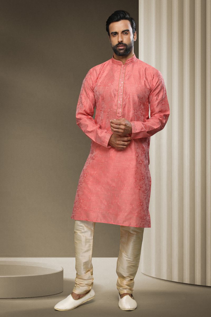 Pink Color Jacquard Silk Festive Wear Captivating Readymade Kurta Pyjama For Men