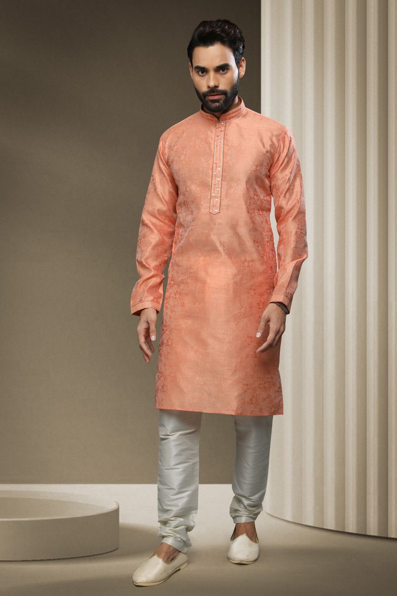 Peach Jacquard Silk Sangeet Wear Readymade Kurta Pyjama For Men