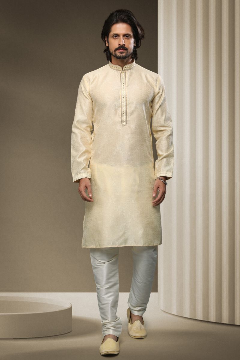 Cream Color Jacquard Silk Reception Wear Striking Readymade Kurta Pyjama For Men