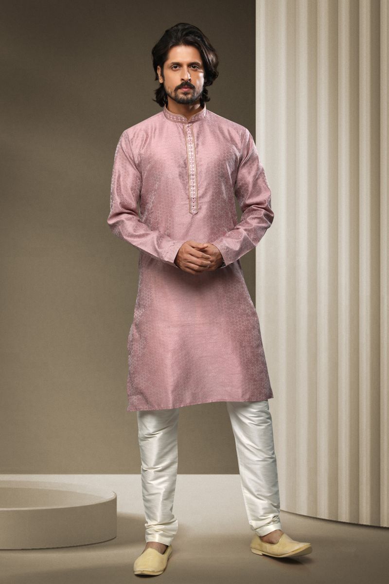 Lavender Color Stunning Jacquard Silk Function Wear Readymade Kurta Pyjama For Men