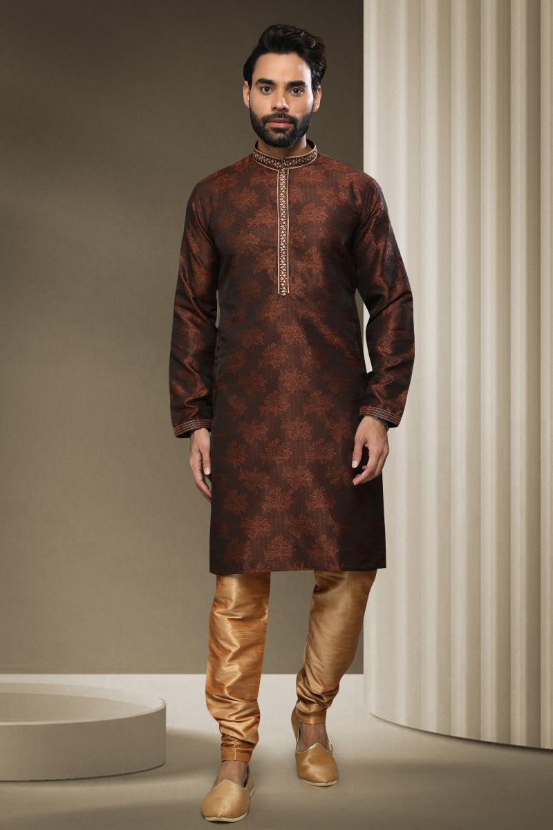 Jacquard Silk Lovely Brown Color Sangeet Wear Readymade Kurta Pyjama For Men