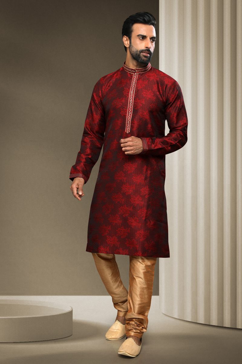 Maroon Color Sangeet Wear Pretty Readymade Kurta Pyjama For Men In Jacquard Silk Fabric