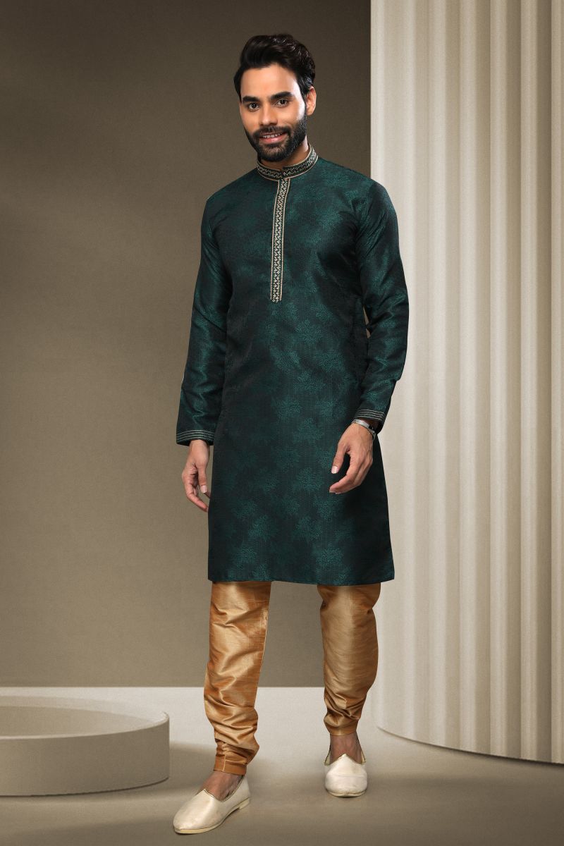 Jacquard Silk Wedding Wear Readymade Kurta Pyjama For Men In Teal Green Color