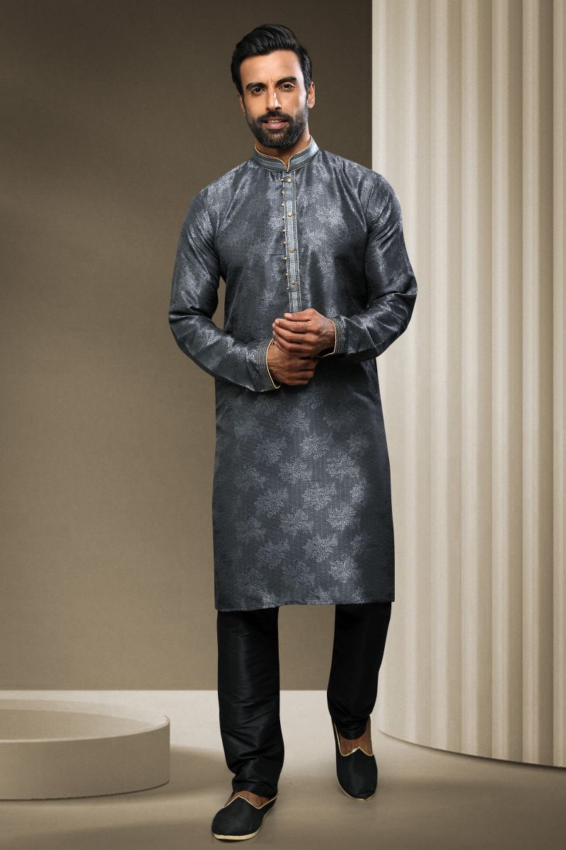 Reception Wear Attractive Readymade Kurta Pyjama For Men In Grey Color Jacquard Silk Fabric