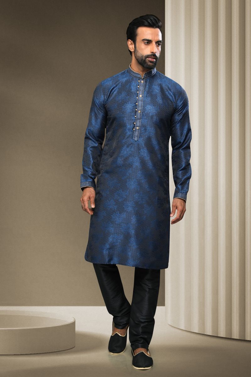 Jacquard Silk Navy Blue Color Festive Wear Readymade Men Stylish Kurta Pyjama