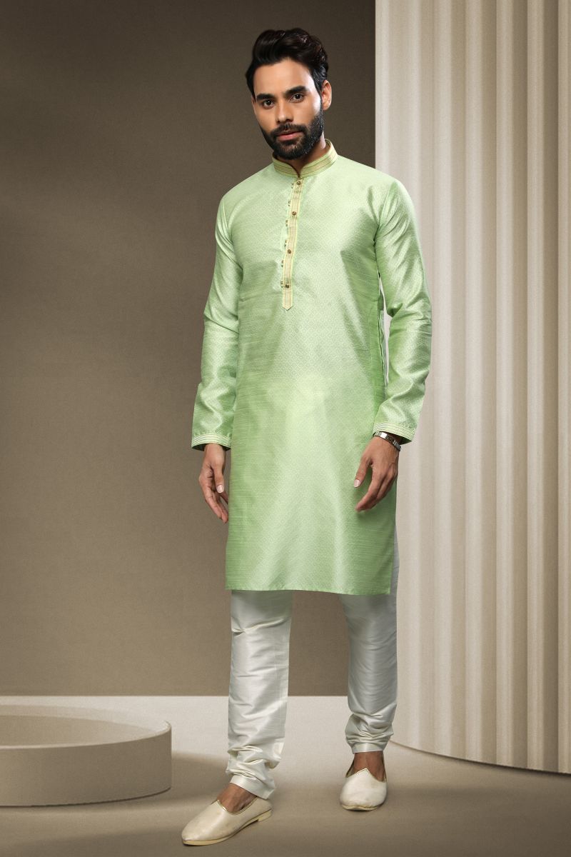 Jacquard Silk Sea Green Color Wedding Wear Readymade Designer Men Kurta Pyjama