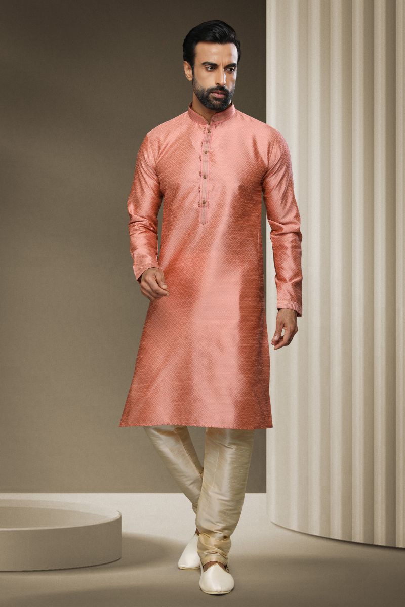 Peach Color Function Wear Readymade Men Kurta Pyjama