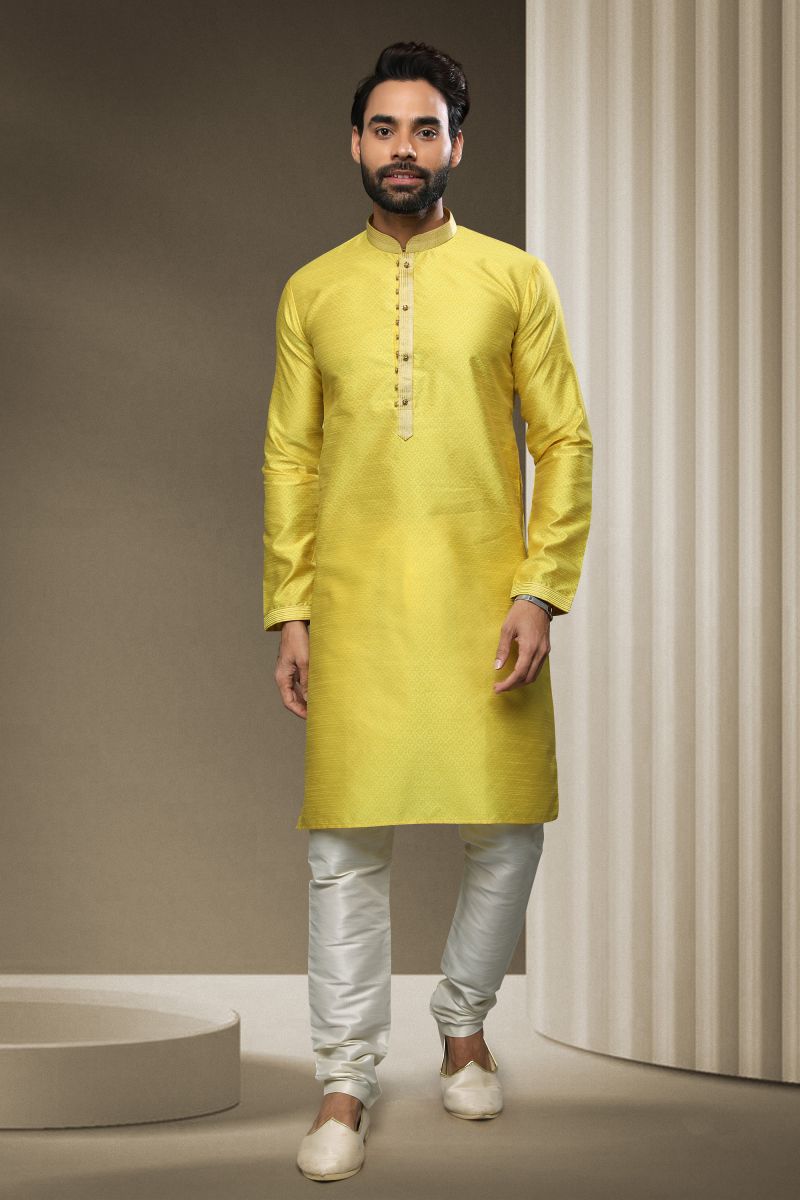 Yellow Color Jacquard Silk Festive Wear Readymade Fashionable Kurta Pyjama For Men