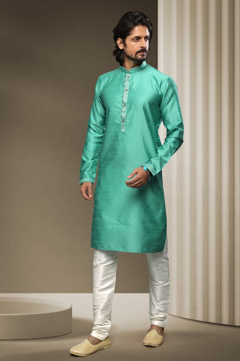 Jacquard Silk Sangeet Wear Readymade Men Kurta Pyjama In Cyan Color