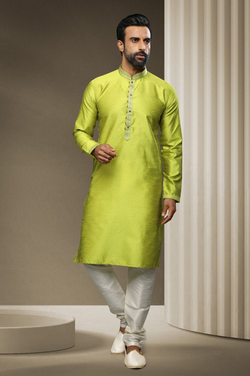 Green Color Wedding Wear Readymade Kurta Pyjama For Men In Jacquard Silk Fabric