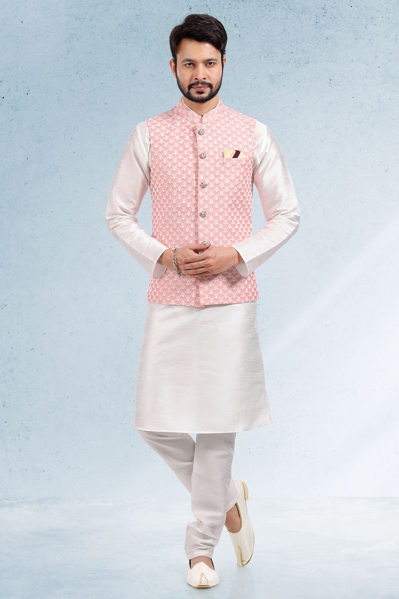 White Color Ethnic Kurta With Pyjama And Nehru Jacket For Men