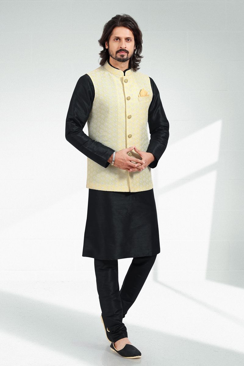 Art Silk Black Color Festive Wear Readymade Men Stylish Kurta Pyjama With Nehru Jacket set 