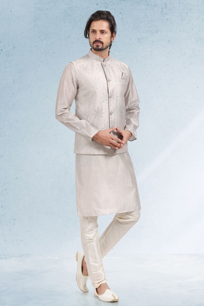 Art Silk Reception Wear Readymade Kurta Pyjama For Men With Fancy Jacket