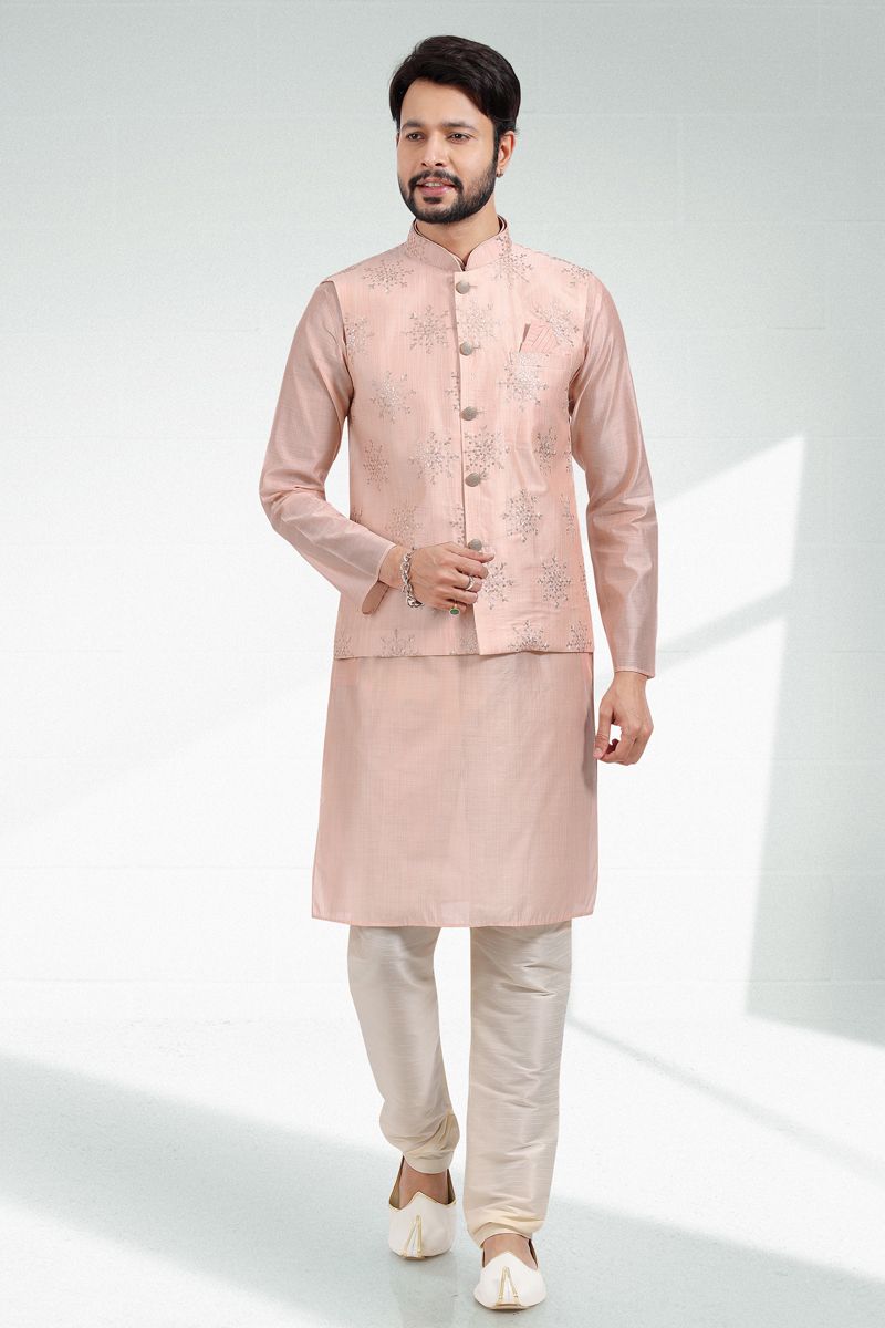 Peach Color Function Wear Readymade Men Kurta Pyjama With Jacket