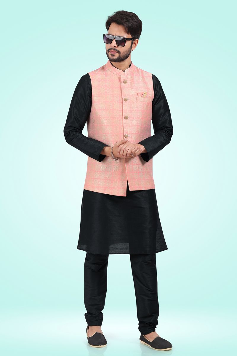 Jacquard Silk Reception Wear Readymade Kurta Pyjama For Men With Nehru Jacket