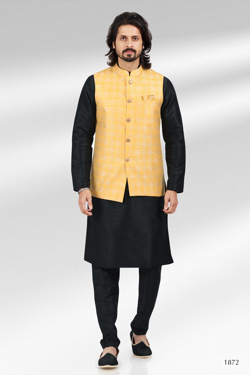 Black Color Function Wear Readymade Men Kurta Pyjama With Jacket