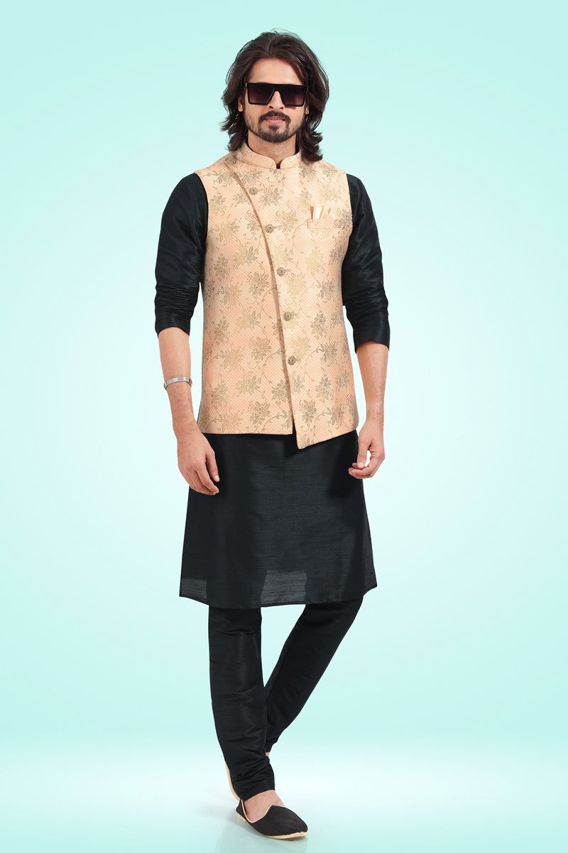 Black Jacquard Silk Readymade Lovely Kurta Pyjama For Men With Jacket