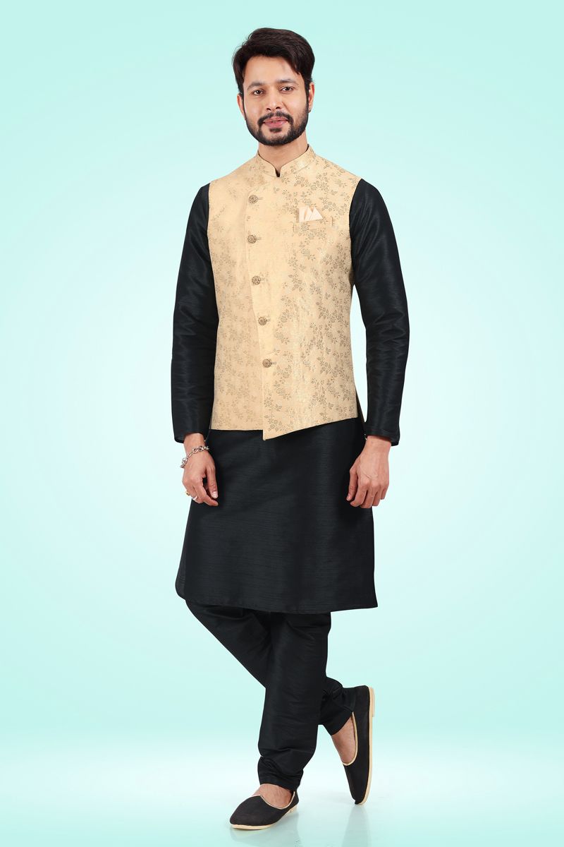 Jacquard Silk Black Color Festive Wear Readymade Stunning Kurta Pyjama For Men With 3 Pcs Jacket Set