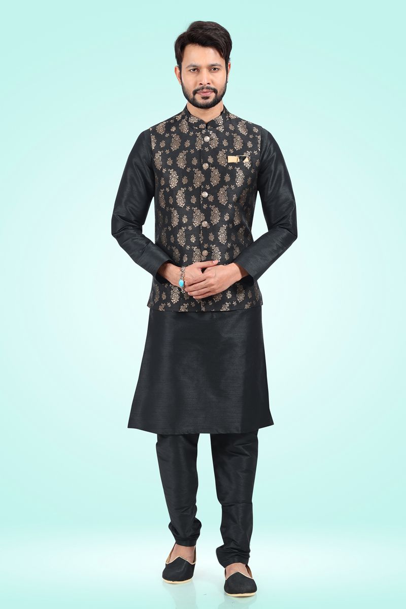 Black Color Jacquard Silk Men Kurta Jacket Set