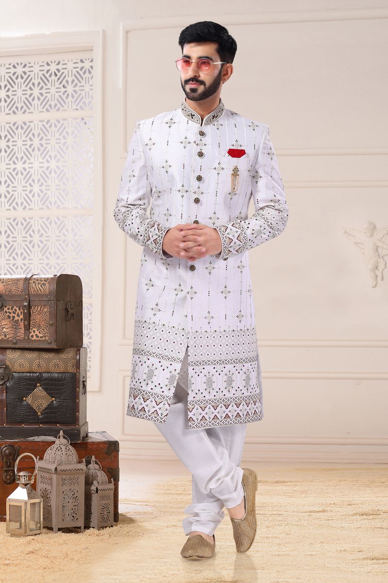 White Silk Magnificent Readymade Men Sherwani For Wedding Wear