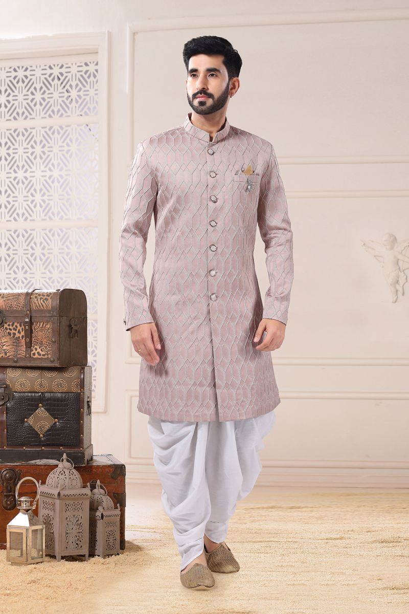 Jacquard Pink Magnificent Readymade Men Indo Western For Wedding Wear