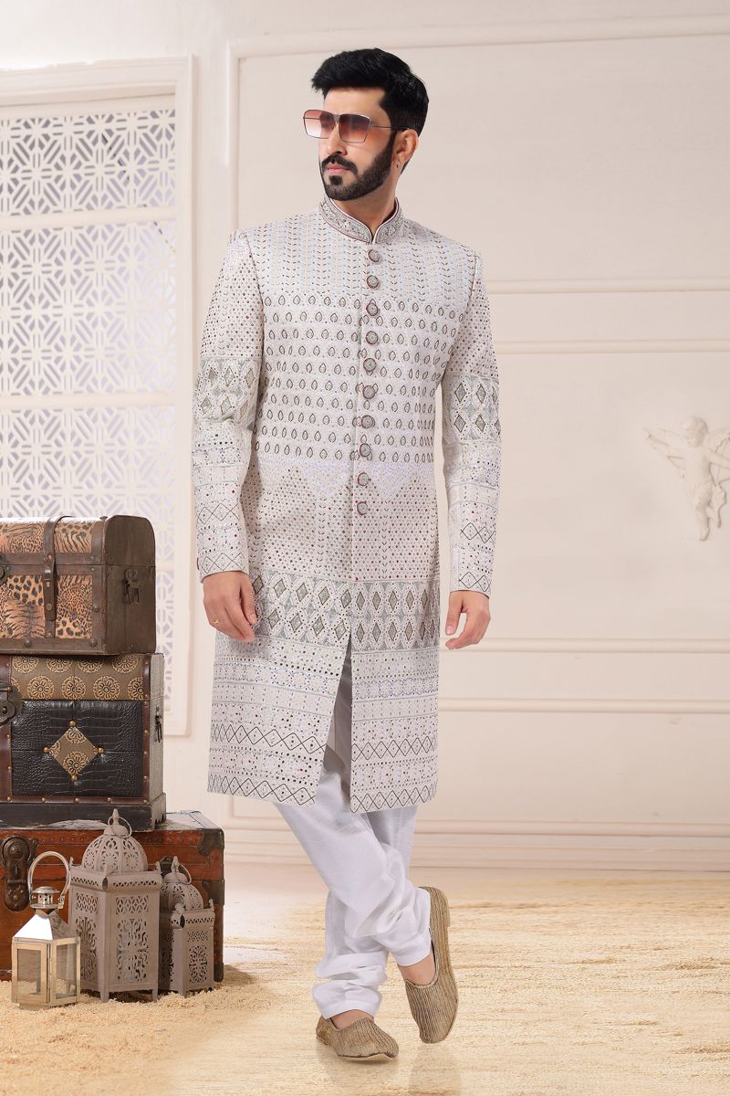 White Color Silk Wedding Wear Designer Readymade Sherwani For Men