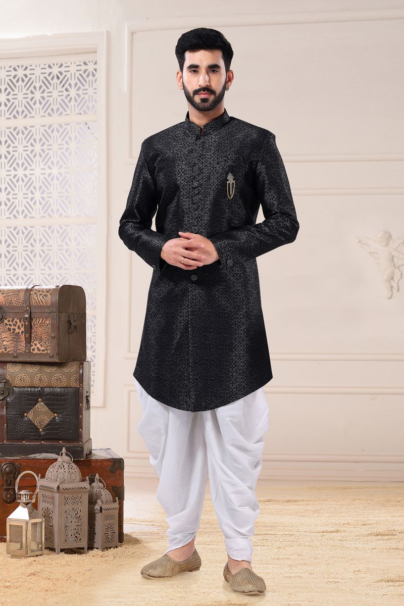 Jacquard Black Color Wedding Wear Designer Readymade Indo Western For Men