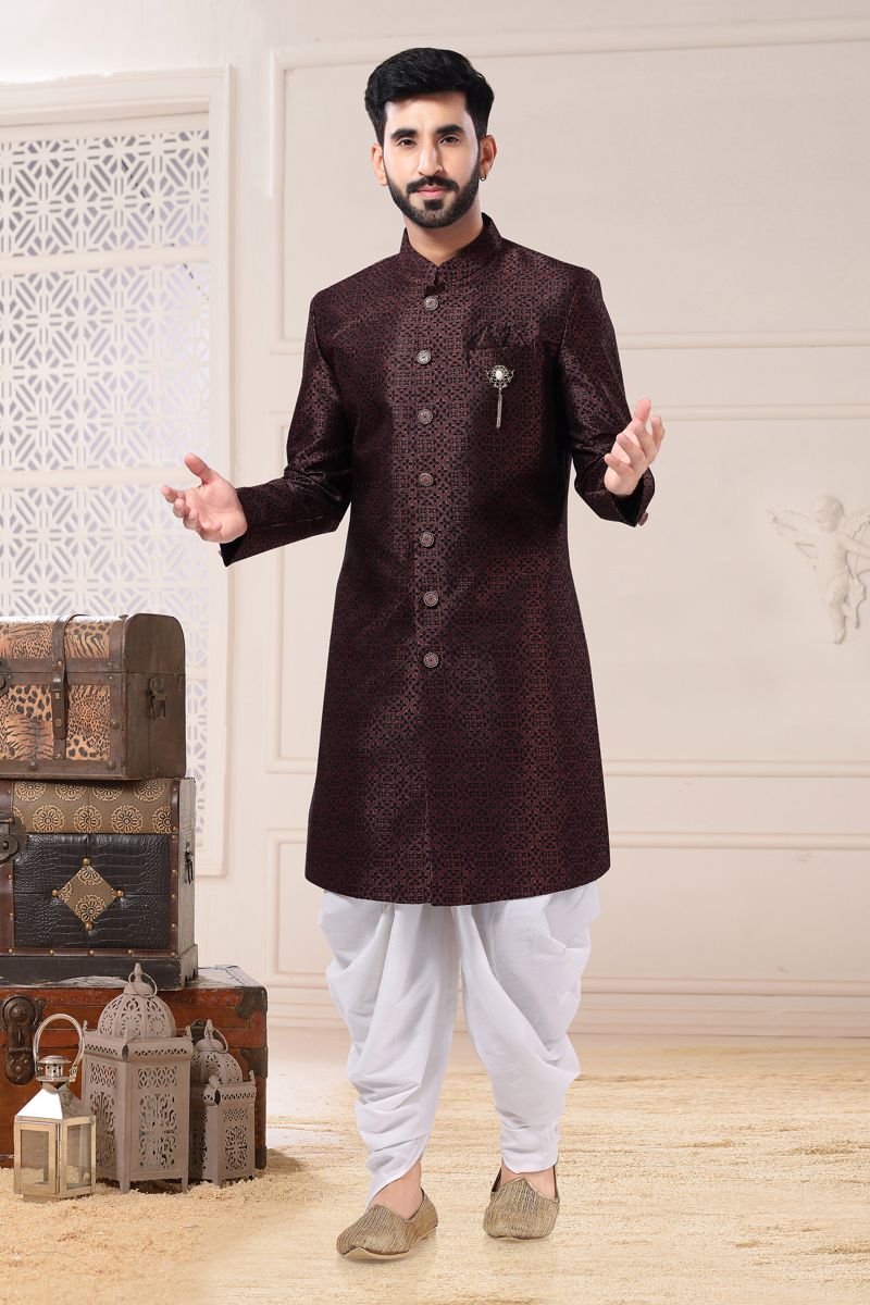 Wine Color Wedding Wear Jacquard Designer Readymade Indo Western For Men