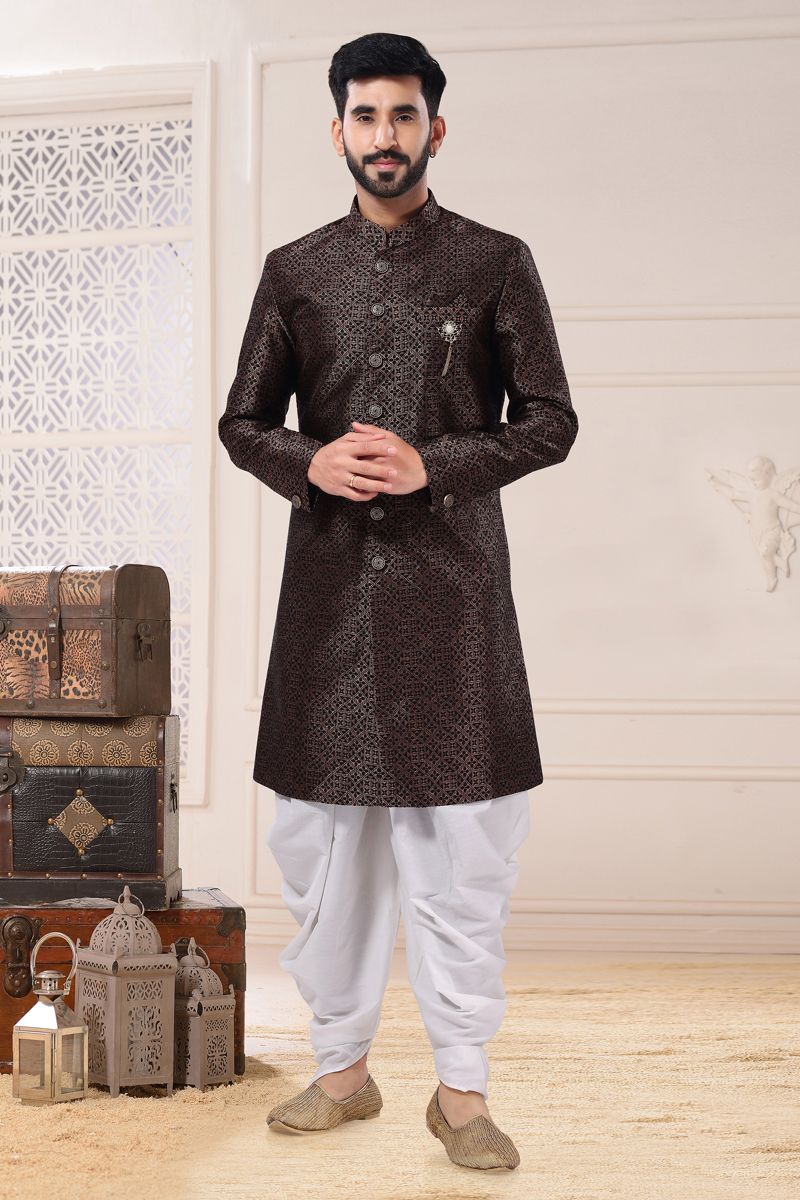 Brown Color Wedding Wear Jacquard Designer Readymade Indo Western For Men