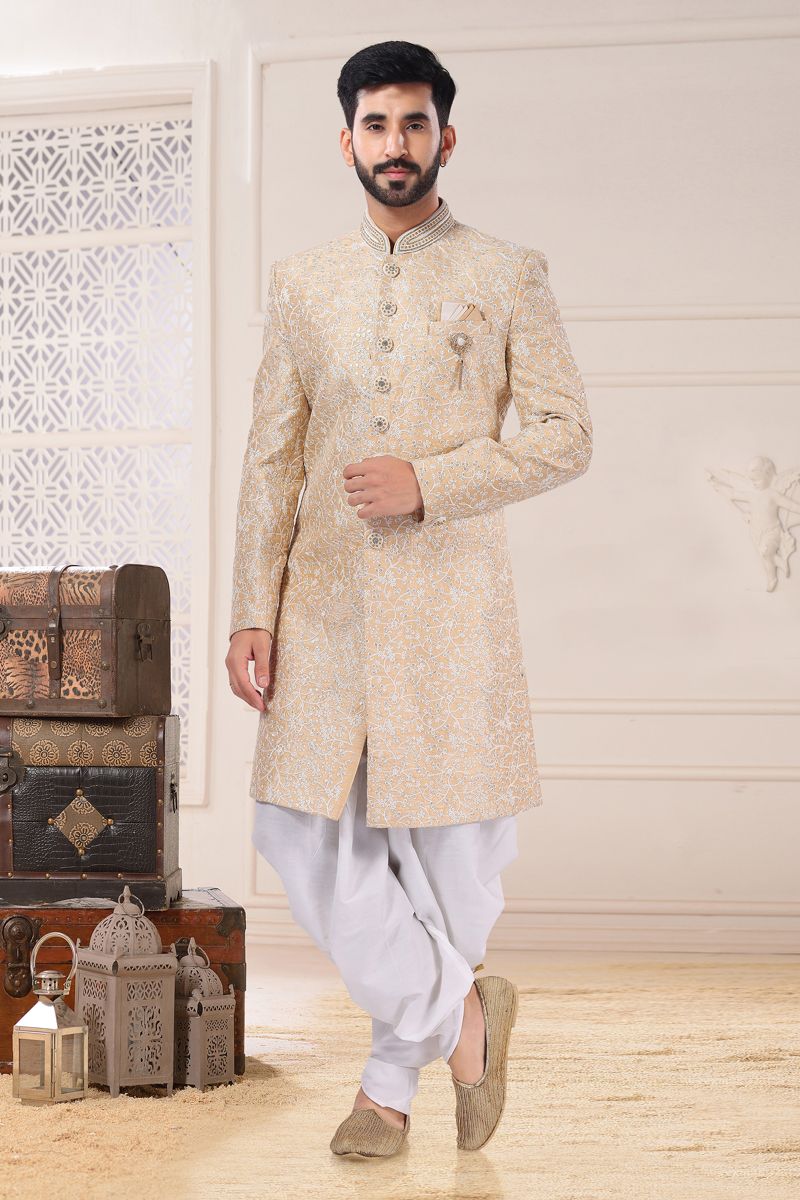 Wedding Wear Silk Designer Readymade Indo Western For Men In Beige Color