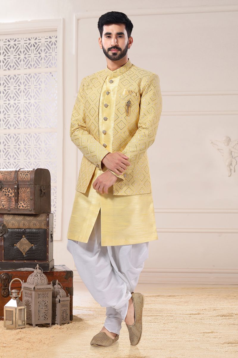 Yellow Color Silk Readymade Indo Western For Men