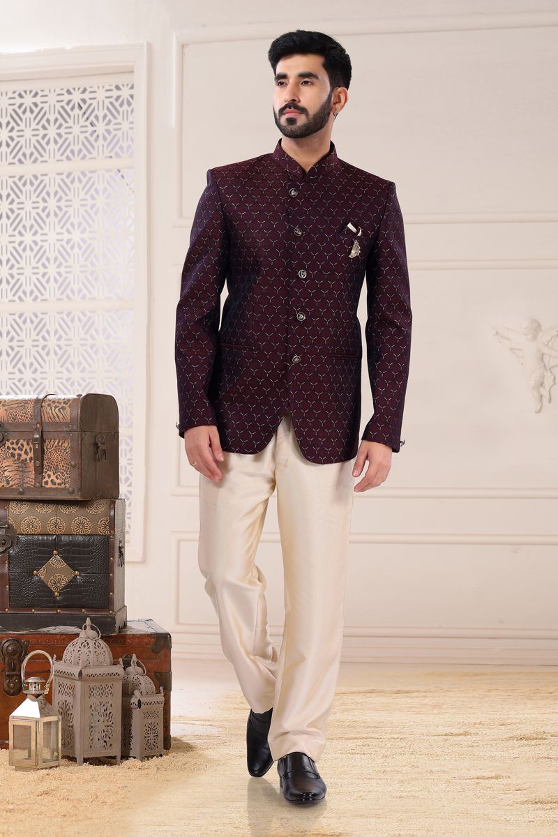 Jacquard Burgundy Color Readymade Jodhpuri Suit For Men