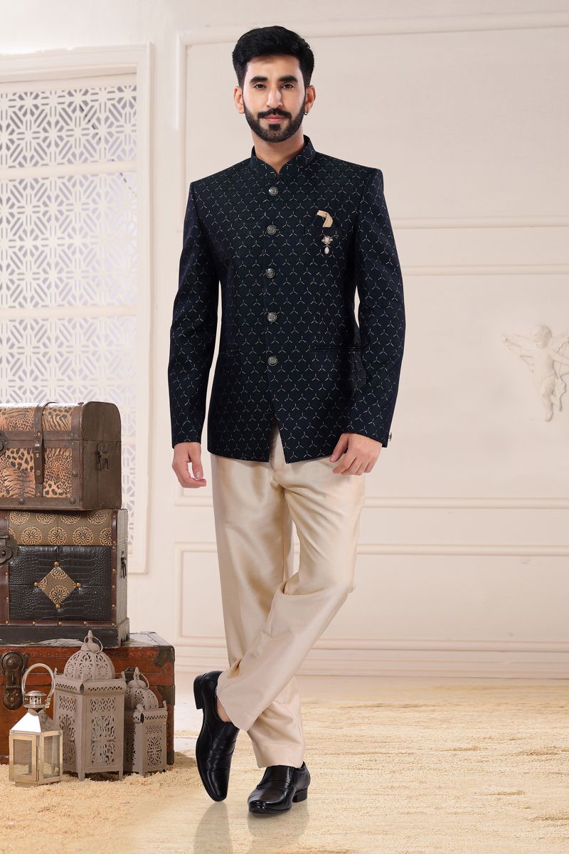 Teal Color Sangeet Wear Readymade Jacquard Jodhpuri Suit For Men