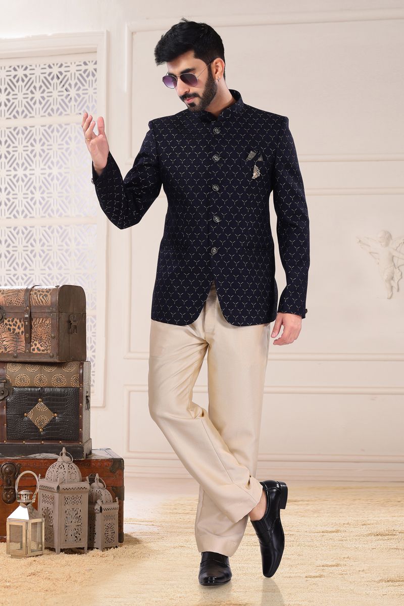 Jacquard Wedding Wear Readymade Navy Blue Color Jodhpuri Suit For Men