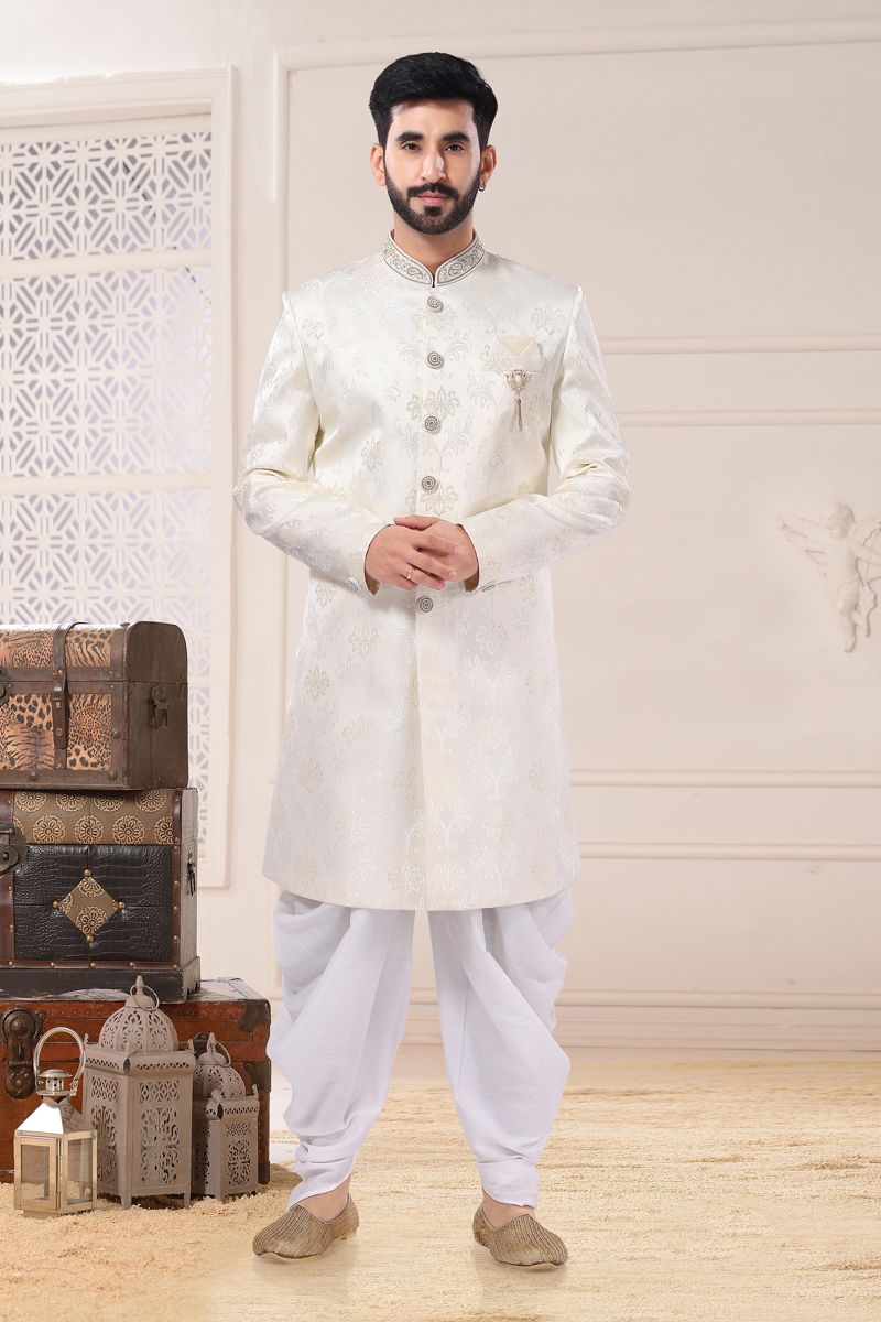 Off White Color Jacquard Wedding Wear Readymade Indo Western For Men