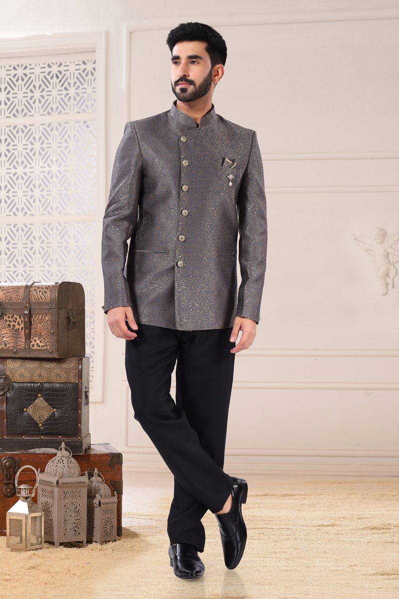 Grey Jacquard Wedding Wear Trendy Readymade Jodhpuri Suit For Men